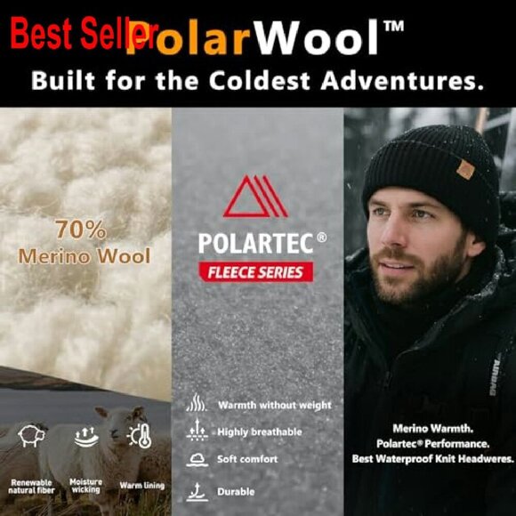Merino Wool Fleece-Lined Beanie Warm Winter Hat Unisex Classic Hiking Skiing main image 8